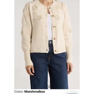 🌸 NWOT NVLT Sz L beige Knit Cardigan 3D Embroidery Flowers Cozy